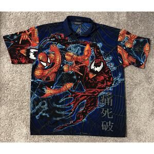 Changes Men's Medium Spider-Man Venom Graphic Short Sleeve Button-Up Shirt Blue